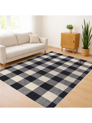 Siyah Beyaz Kareli Klasik Salon Halısı Antialerjik Kaymaz Tabanlı Güçlü Kontrast - SM-259