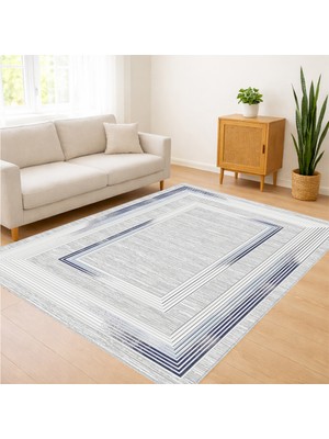 Açık Gri Zeminli Mavi Bordürlü Salon Halısı Yıkanabilir Kaymaz Tabanlı - SM-513