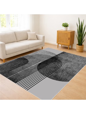 Gri ve Siyah Tonlarda Dairesel Modern Desenli Salon Halısı Antialerjik Kaymaz Tabanlı - SM-578