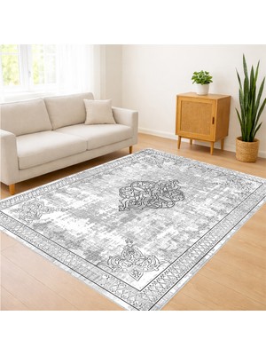 Açık Gri ve Beyaz Tonlarda Eskitme Desenli Salon Halısı Toz Tutmaz Kaymaz Tabanlı Sade Kullanım - SD-1127