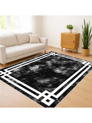 Siyah Zeminli Beyaz Çerçeveli Klasik Salon Halısı Antialerjik Kaymaz Tabanlı Net Kontrast - SM-285