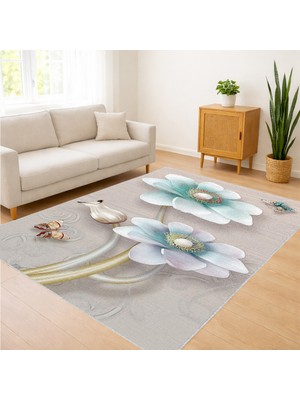 Krem Zeminli Çiçek Motifli Modern Salon Halısı Yıkanabilir Toz Tutmaz Kaymaz Tabanlı - SM-280