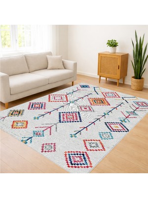 Beyaz Zeminli Renkli Etnik Motifli Salon Halısı Antialerjik Kaymaz Tabanlı Canlı Kullanım - SM-300