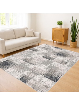 Gri Tonlarda Patchwork Desenli Salon Halısı Yıkanabilir Toz Tutmaz Kaymaz Tabanlı - FNL-301