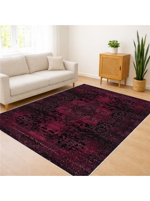 Bordo Tonlarda Eskitme Desenli Salon Halısı Yıkanabilir Toz Tutmaz Kaymaz Tabanlı - SM-315