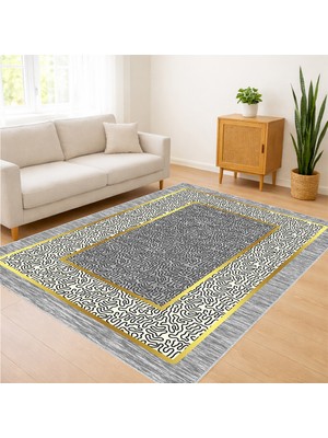 Gri Zeminli Altın Çerçeveli Klasik Salon Halısı Yıkanabilir Antialerjik Kaymaz Tabanlı - SD-1072
