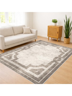 Krem ve Gri Tonlarda Çerçeveli Salon Halısı Antialerjik Kaymaz Tabanlı Dengeli ve Şık Görünüm - FNL-331