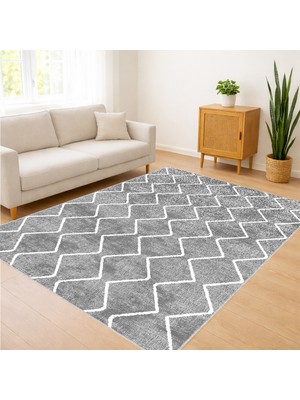 Gri Zeminli Zigzag Desenli Salon Halısı Antialerjik Kaymaz Tabanlı Dinamik Stil - SM-168