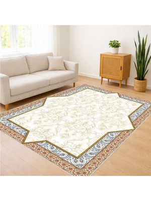 Krem Zeminli Altın Motifli Klasik Salon Halısı Toz Tutmaz Kaymaz Tabanlı Zarif Stil - SD-1140