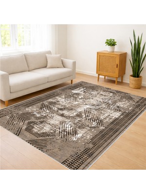 Kahverengi Tonlarda Klasik Motifli Salon Halısı Yıkanabilir Kaymaz Tabanlı Sıcak Dekorasyon - FNL-352