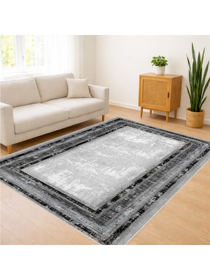 Gri ve Siyah Tonlarda Çerçeveli Modern Salon Halısı Yıkanabilir Antialerjik Kaymaz Tabanlı - FNL-453