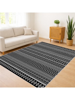 Koyu Gri Zeminli Ince Çizgili Modern Salon Halısı Yıkanabilir Toz Tutmaz Kaymaz Tabanlı - SD-1164