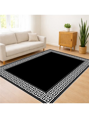 Siyah Zeminli Klasik Çerçeveli Salon Halısı Yıkanabilir Toz Tutmaz Kaymaz Tabanlı Güçlü Görünüm - SM-208