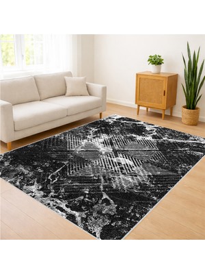 Siyah Zeminli Soyut Desenli Salon Halısı Yıkanabilir Antialerjik Kaymaz Tabanlı Modern Dokunuş - SD-1038