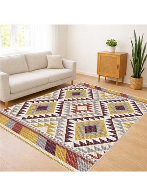 Renkli Geometrik Etnik Desenli Salon Halısı Antialerjik Kaymaz Tabanlı Enerjik Kullanım - Sm-06