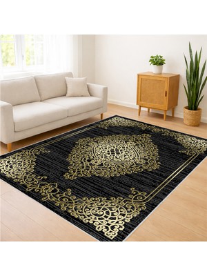Siyah ve Altın Tonlarda Klasik Motifli Salon Halısı Yıkanabilir Kaymaz Tabanlı Güçlü ve Asil Stil - FNL-387
