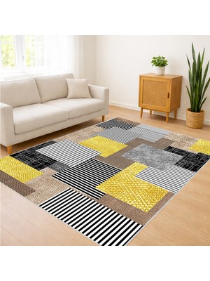 Sarı Gri ve Siyah Tonlarda Geometrik Blok Desenli Salon Halısı Toz Tutmaz Kaymaz Tabanlı - FNL-439