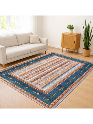 Mavi ve Turuncu Tonlarda Çizgisel Desenli Salon Halısı Yıkanabilir Kaymaz Tabanlı Dinamik Stil - SM-618
