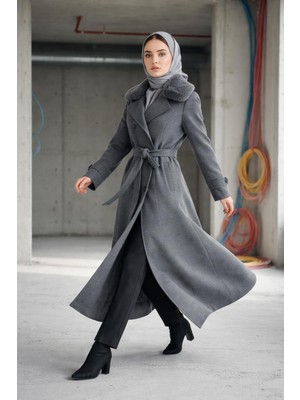 Esin Giyim Kürk Yakalı Kruvaze Kaşe Manto