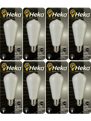 (8 Adet) Heka 6W (46W) 3000K (Sarı Işık) E27 Duylu Soft LED ST64 Filament Ampul