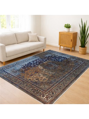 Lacivert ve Kahverengi Tonlarda Klasik Desenli Salon Halısı Toz Tutmaz Kaymaz Tabanlı Ağır Stil - RVG0272