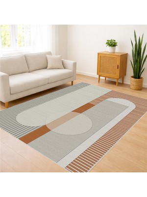 Bej ve Kahverengi Tonlarda Oval Geçişli Modern Salon Halısı Antialerjik Kaymaz Tabanlı - SM-349