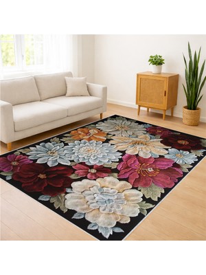 Siyah Zeminli Çiçek Desenli Salon Halısı Antialerjik Kaymaz Tabanlı Güçlü Dekorasyon - SM-307