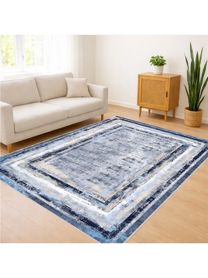 Mavi ve Krem Tonlarda Çerçeveli Klasik Salon Halısı Toz Tutmaz Kaymaz Tabanlı Ferah Mekanlar Için - FNL-454