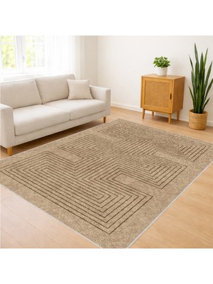 Krem Tonlarda Düz Dokulu Salon Halısı Toz Tutmaz Kaymaz Tabanlı Sade ve Ferah Kullanım - FNL-293