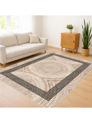 Bej Zeminli Klasik Motifli Salon Halısı Yıkanabilir Toz Tutmaz Kaymaz Tabanlı Zamansız Görünüm - SM-295