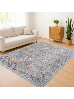 Açık Mavi Tonlarda Eskitme Desenli Salon Halısı Yıkanabilir Antialerjik Kaymaz Tabanlı - SD-1124