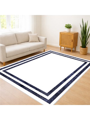 Beyaz Zeminli Lacivert Çerçeveli Klasik Salon Halısı Antialerjik Kaymaz Tabanlı Zamansız Stil - SM-164