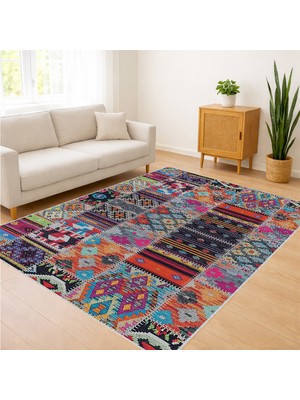 Çok Renkli Patchwork Desenli Salon Halısı Antialerjik Kaymaz Tabanlı Enerjik Stil - SM-322