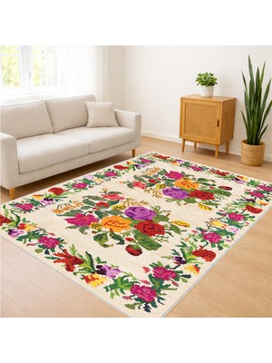 Krem Zeminli Renkli Çiçek Desenli Salon Halısı Antialerjik Kaymaz Tabanlı Sıcak Dekorasyon - SM-147