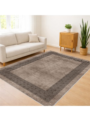 Bej ve Kahverengi Tonlarda Kare Desenli Salon Halısı Yıkanabilir Antialerjik Kaymaz Tabanlı Sıcak Kullanım - SD-1133