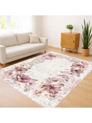 Krem Zeminli Pembe Çiçek Desenli Salon Halısı Yıkanabilir Kaymaz Tabanlı Romantik Dekorasyon - SM-563