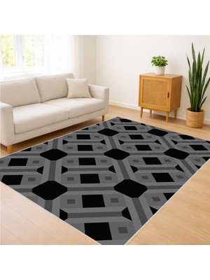 Siyah Zeminli Üç Boyutlu Geometrik Desenli Salon Halısı Yıkanabilir Toz Tutmaz Kaymaz Tabanlı - SD-1155
