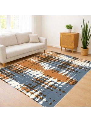 Kahverengi ve Mavi Tonlarda Modern Blok Desenli Salon Halısı Yıkanabilir Toz Tutmaz Kaymaz Tabanlı - SM-236