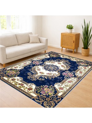 Lacivert Zeminli Klasik Desenli Salon Halısı Antialerjik Kaymaz Tabanlı Zamansız ve Şık Görünüm - FNL-386