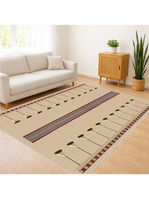 Bej Zeminli Ince Çizgili Modern Salon Halısı Yıkanabilir Kaymaz Tabanlı Minimal Görünüm - SM-604