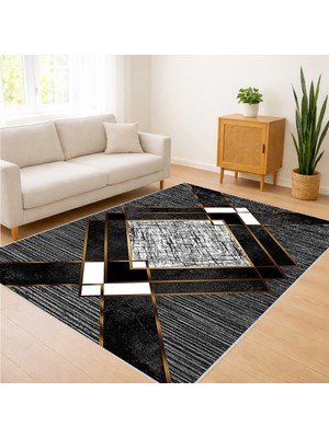 Siyah ve Gri Tonlarda Modern Blok Desenli Salon Halısı Yıkanabilir Toz Tutmaz Kaymaz Tabanlı - SM-251
