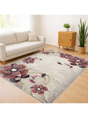 Krem Zeminli Çiçek Desenli Salon Halısı Antialerjik Kaymaz Tabanlı Romantik Dekorasyon - SM-252