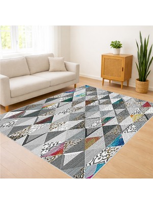Gri ve Mavi Tonlarda Üçgen Desenli Modern Salon Halısı Yıkanabilir Toz Tutmaz Kaymaz Tabanlı - SM-272