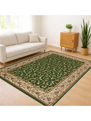 Yeşil Zeminli Klasik Motifli Salon Halısı Yıkanabilir Antialerjik Kaymaz Tabanlı Doğal Stil - SD-1122