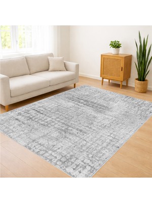 Gri Zeminli Soft Dokulu Modern Salon Halısı Yıkanabilir Toz Tutmaz Kaymaz Tabanlı - SM-154