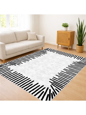 Siyah Beyaz Çizgisel Modern Salon Halısı Yıkanabilir Antialerjik Kaymaz Tabanlı - FNL-442