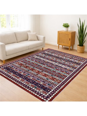 Kırmızı ve Lacivert Tonlarda Klasik Kilim Desenli Salon Halısı Toz Tutmaz Kaymaz Tabanlı - FNL-437