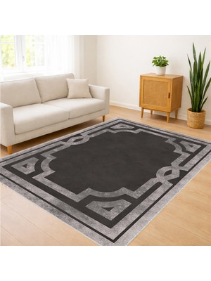 Antrasit Tonlarda Geometrik Çerçeveli Salon Halısı Yıkanabilir Leke Tutmaz Kaymaz Tabanlı - FNL-332