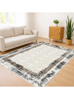 Krem ve Gri Tonlarda Çerçeveli Modern Salon Halısı Toz Tutmaz Kaymaz Tabanlı Sade Şıklık - FNL-419