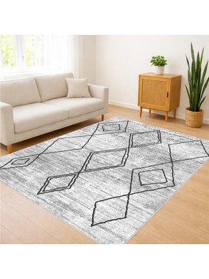 Gri Zeminli Geometrik Çizgili Salon Halısı Toz Tutmaz Kaymaz Tabanlı Modern Kullanım - FNL-467